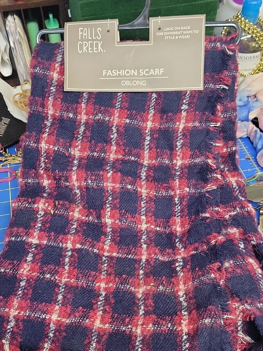 Falls Creek Plaid Oblong Weave Scarf Navy Red Cream 26" x 2 Yards NWT